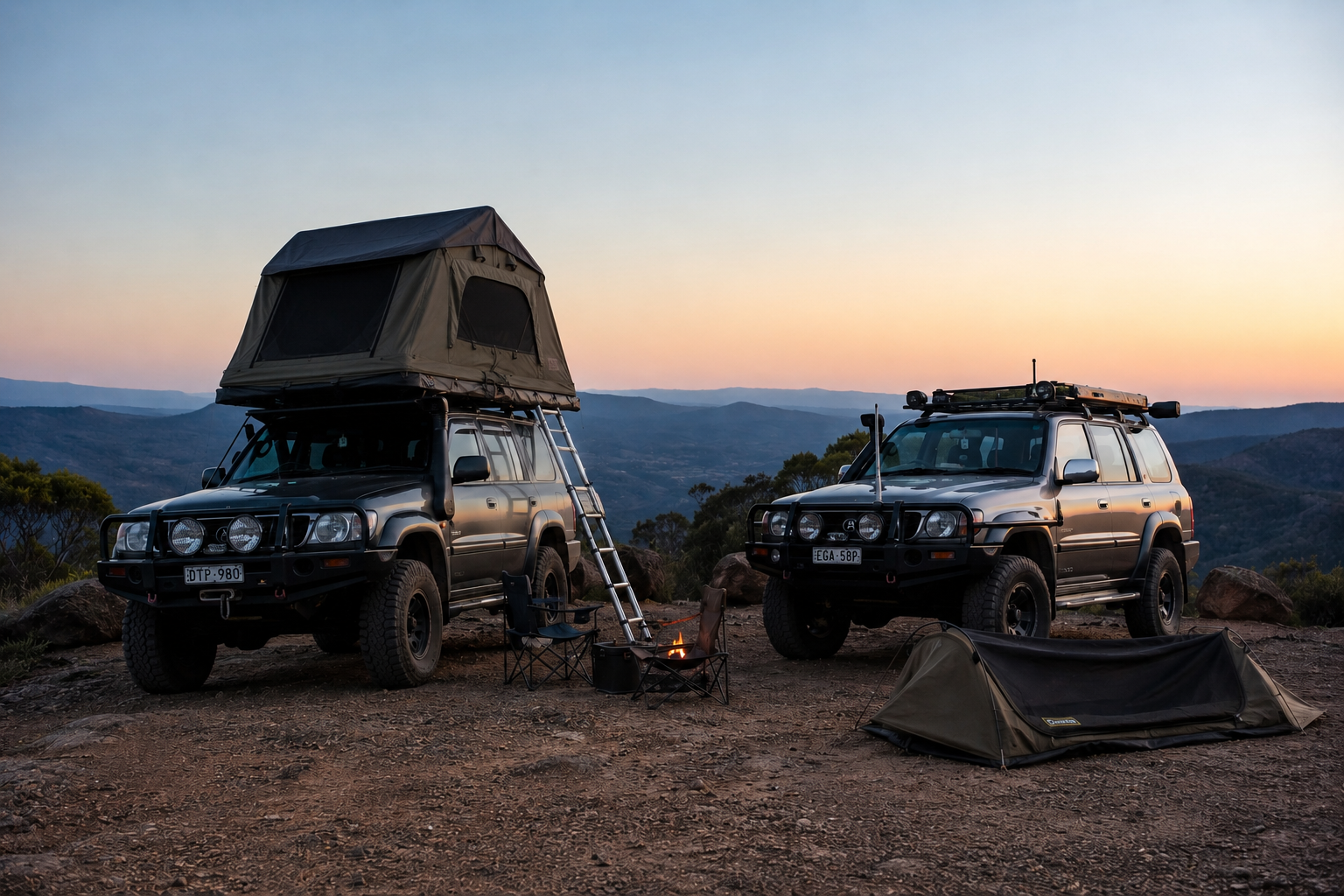 Two 4WD vehicles with rooftop tent and swag camping gear at sunset.